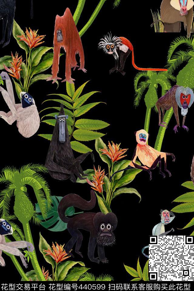 潮牌猴子花卉数码印花华亿平台下载（图片编号: 440599） - 瓦栏（Walan）