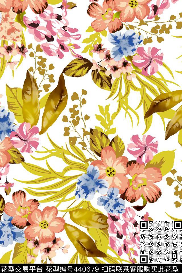 手绘淡雅花卉女装传统印花华亿平台下载（图片编号: 440679） - 瓦栏（Walan）