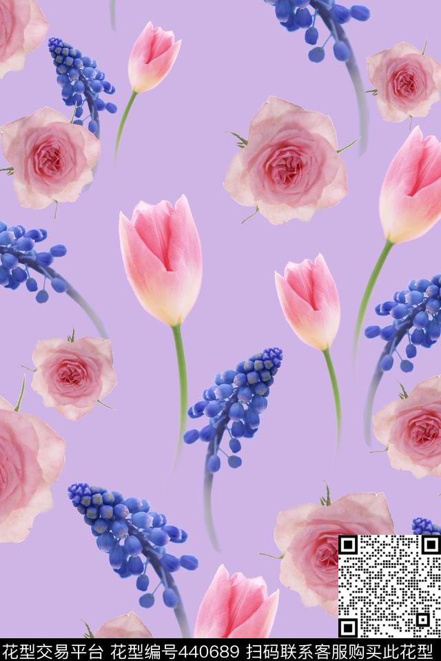 梦幻的花卉郁金香蔷薇数码印花华亿平台下载（图片编号: 440689） - 瓦栏（Walan）