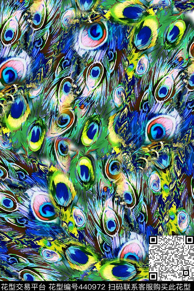 孔雀羽毛手绘羽毛数码印花华亿平台下载（图片编号: 440972） - 瓦栏（Walan）