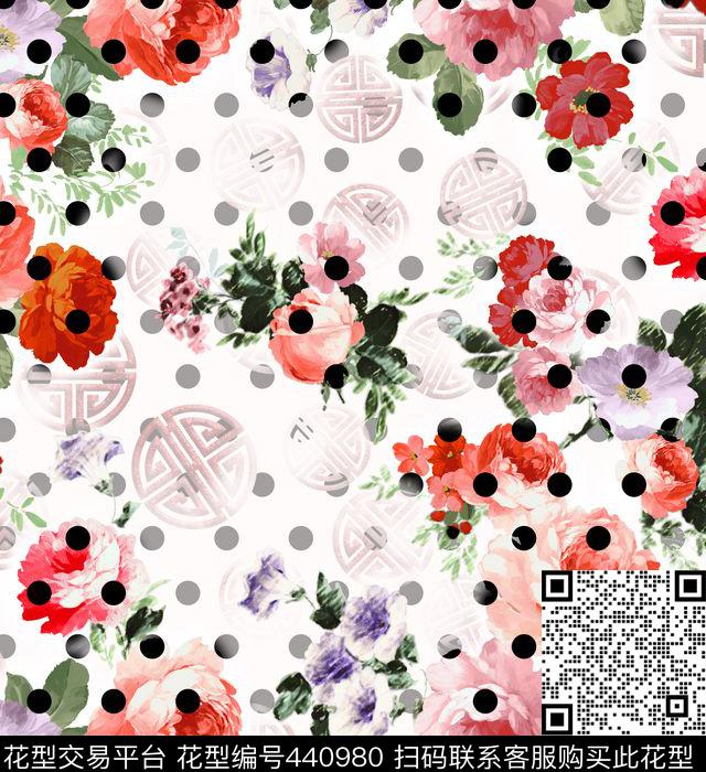 黑白点花卉田园风数码印花华亿平台下载（图片编号: 440980） - 瓦栏（Walan）
