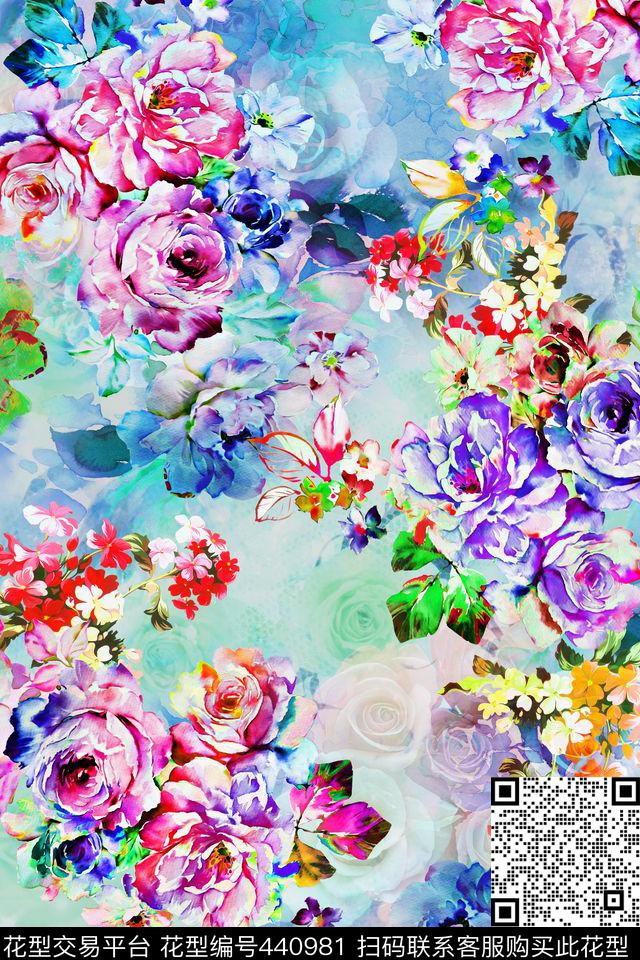 花卉浅底纸印花数码印花华亿平台下载（图片编号: 440981） - 瓦栏（Walan）