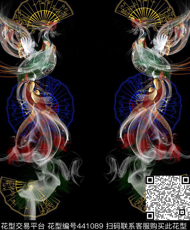 百鸟朝凤扇子名族风数码印花华亿平台下载（图片编号: 441089） - 瓦栏（Walan）