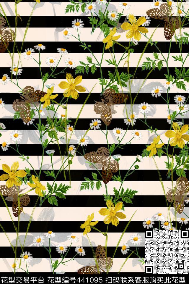 雏菊条纹蝴蝶数码印花华亿平台下载（图片编号: 441095） - 瓦栏（Walan）