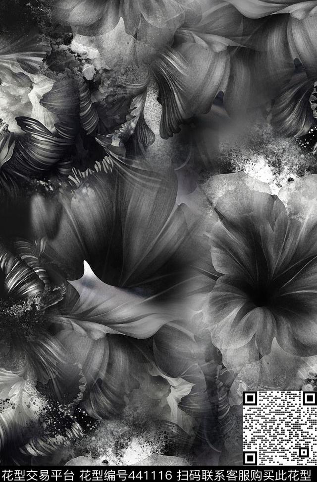 黑白花卉简约时尚大牌数码印花华亿平台下载（图片编号: 441116） - 瓦栏（Walan）