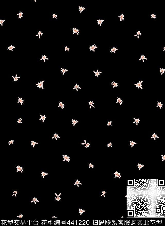 手绘小清新乱花黑底数码印花华亿平台下载（图片编号: 441220） - 瓦栏（Walan）