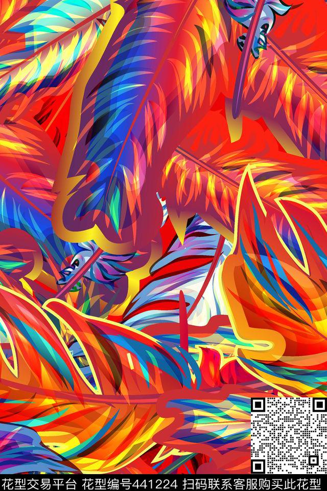 炫彩手绘羽毛数码印花华亿平台下载（图片编号: 441224） - 瓦栏（Walan）
