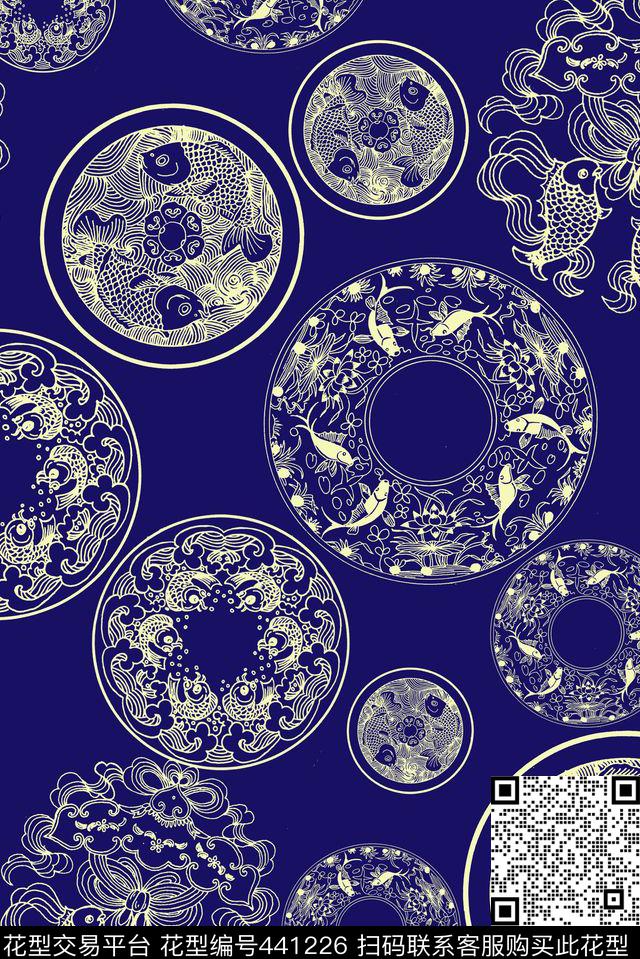 双鱼圆形图案中国风传统印花华亿平台下载（图片编号: 441226） - 瓦栏（Walan）