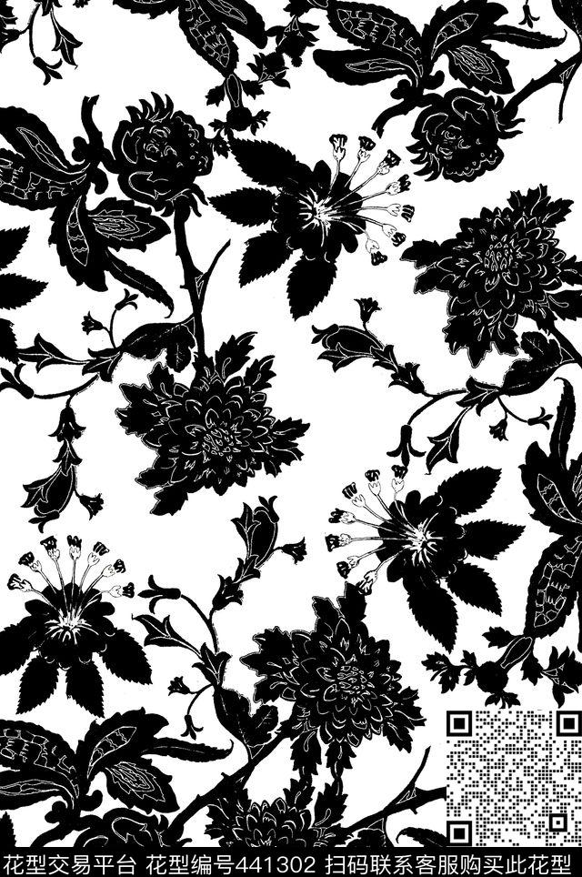 白色大花卉满版单色花卉欧美风传统印花华亿平台下载（图片编号: 441302） - 瓦栏（Walan）