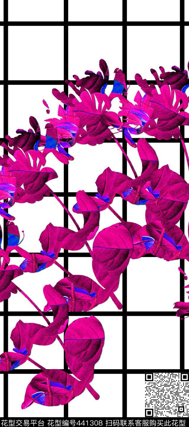 黑白方格和花卉时尚流行数码印花华亿平台下载（图片编号: 441308） - 瓦栏（Walan）