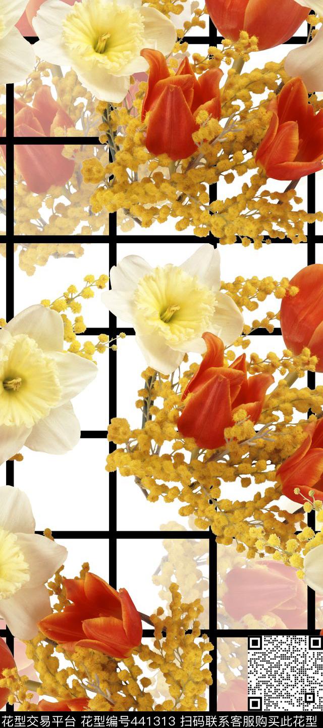 黑白方格格子花卉数码印花华亿平台下载（图片编号: 441313） - 瓦栏（Walan）