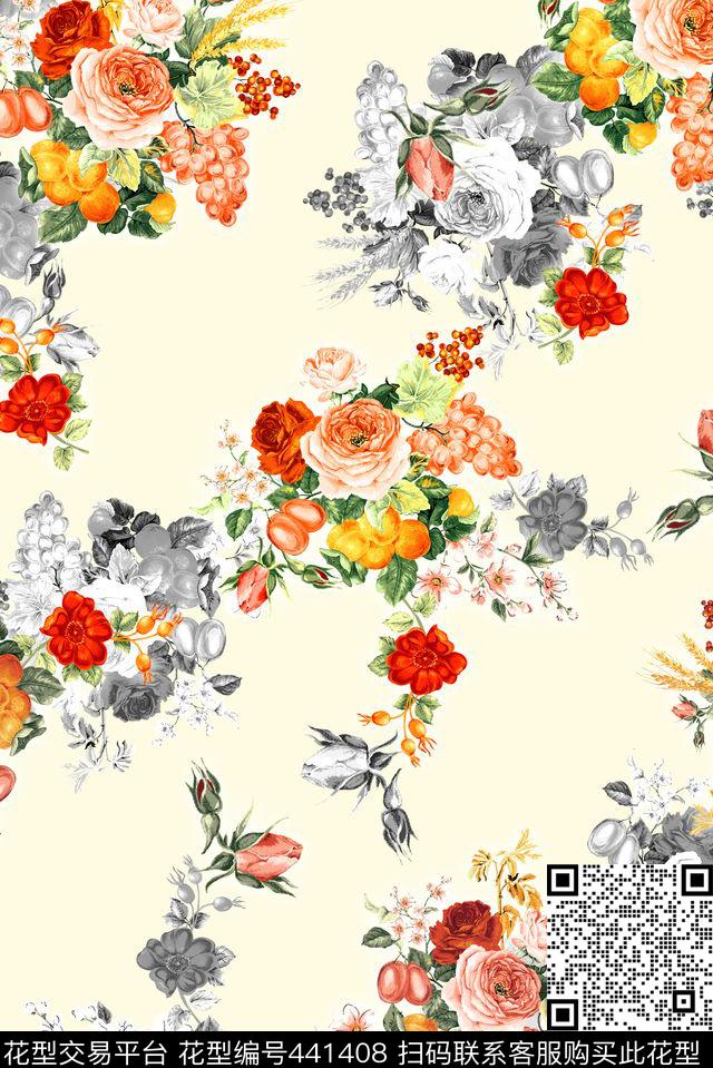 手绘花朵水果叶子数码印花华亿平台下载（图片编号: 441408） - 瓦栏（Walan）