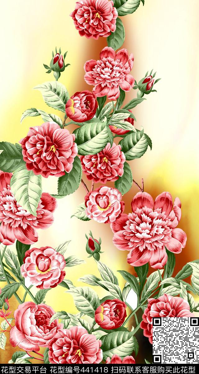 彩色渐变手绘花朵数码印花华亿平台下载（图片编号: 441418） - 瓦栏（Walan）