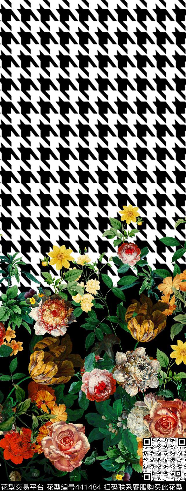定位花卉千鸟格数码印花华亿平台下载（图片编号: 441484） - 瓦栏（Walan）
