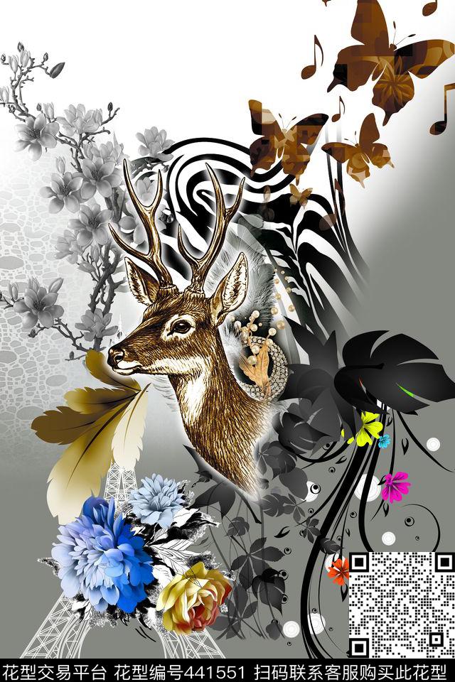 定位鹿头斑纹黑灰系动物纹鹿头斑纹黑灰系定位女装数码印花华亿平台下载（图片编号: 441551） - 瓦栏（Walan）