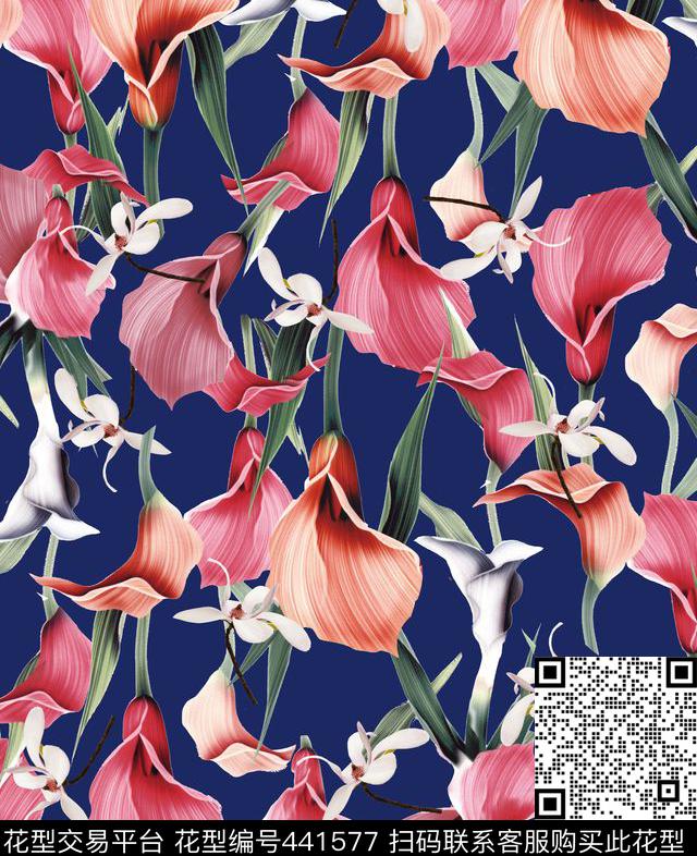百合大花卉时尚大牌花朵数码印花华亿平台下载（图片编号: 441577） - 瓦栏（Walan）