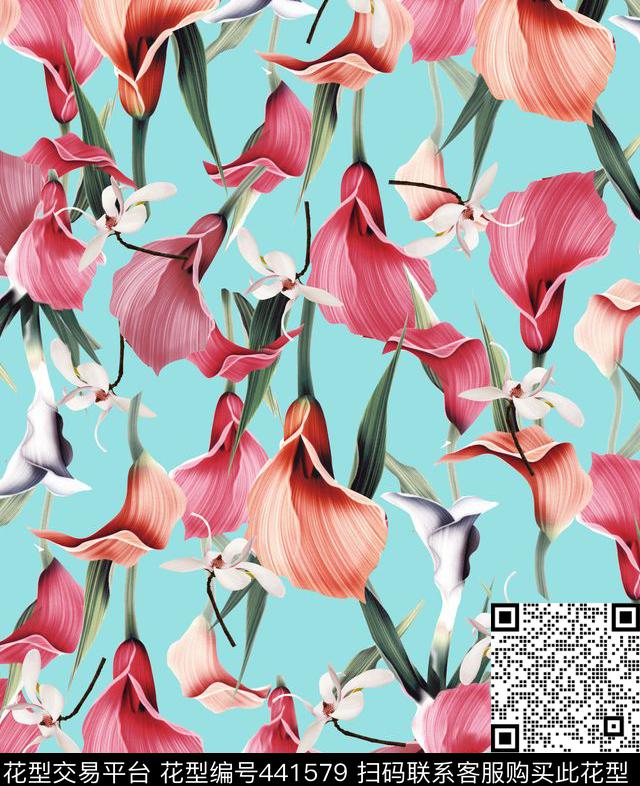 时尚手绘百合大花卉数码印花华亿平台下载（图片编号: 441579） - 瓦栏（Walan）