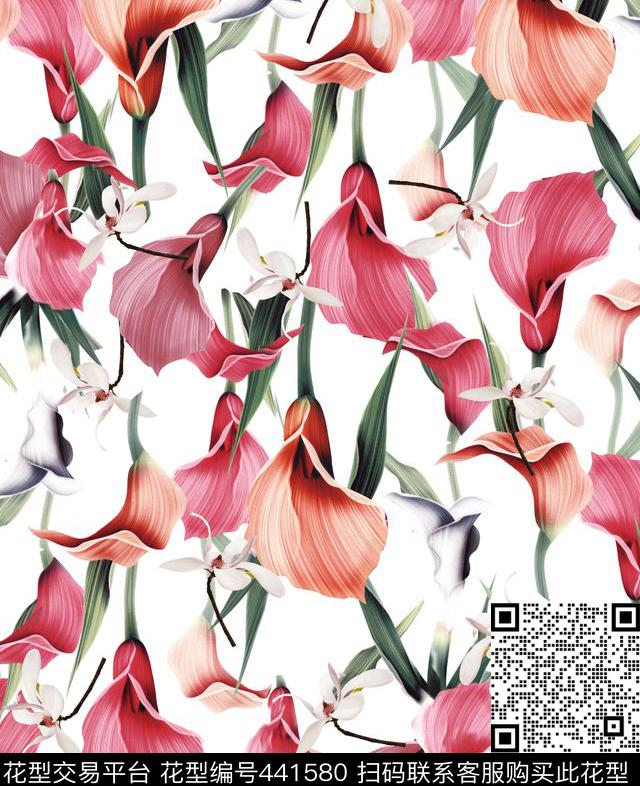 时尚手绘百合大花卉数码印花华亿平台下载（图片编号: 441580） - 瓦栏（Walan）