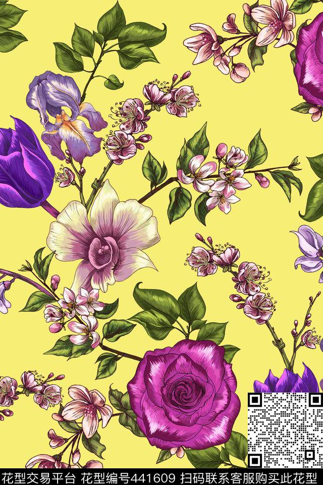 花卉玫瑰桃花数码印花华亿平台下载（图片编号: 441609） - 瓦栏（Walan）