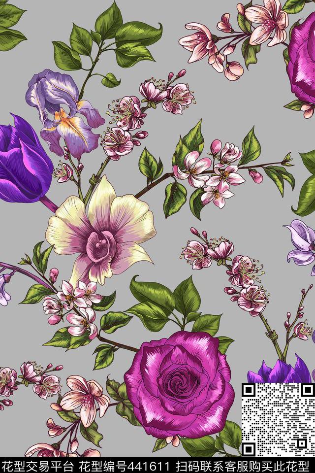 花卉玫瑰桃花数码印花华亿平台下载（图片编号: 441611） - 瓦栏（Walan）