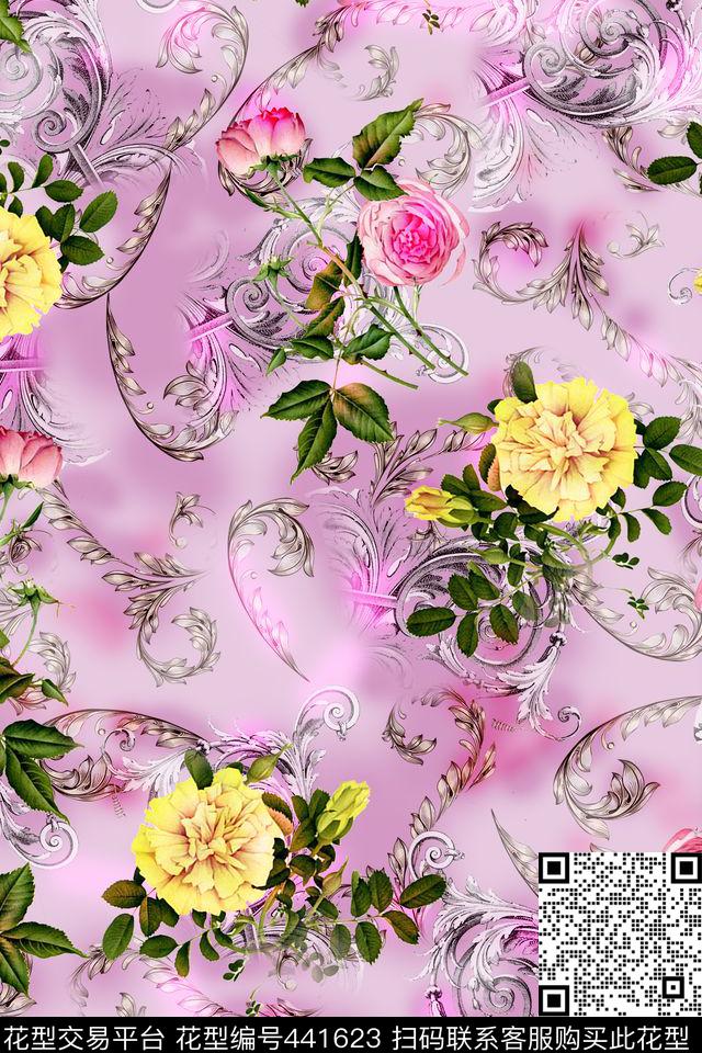 花卉紫背景古褐叶数码印花华亿平台下载（图片编号: 441623） - 瓦栏（Walan）
