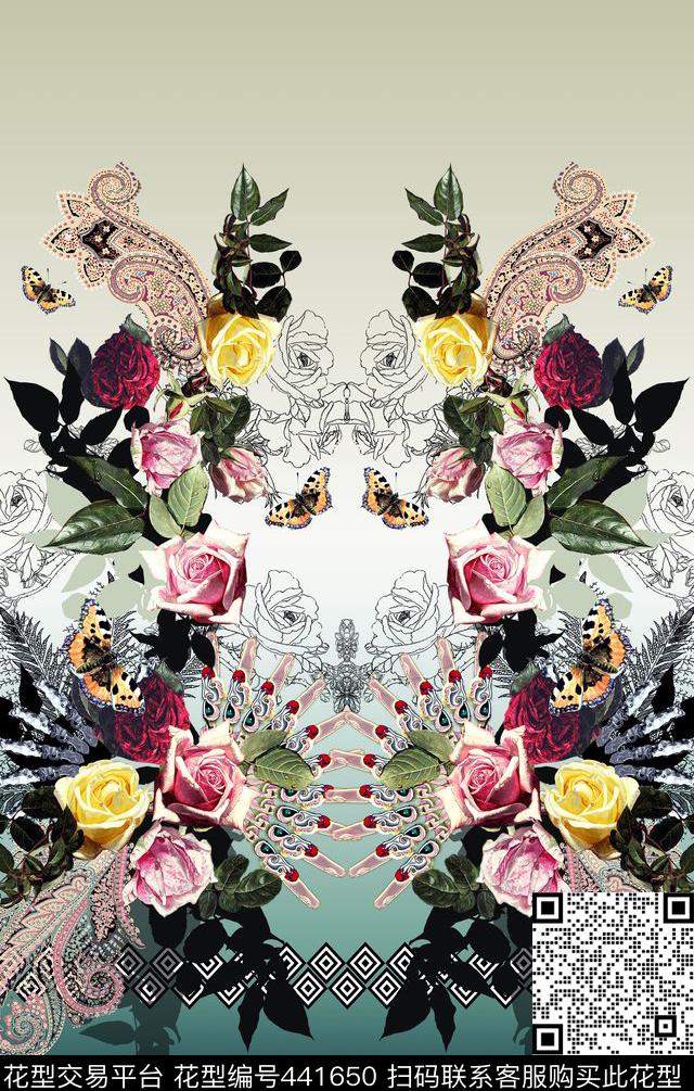 对称佩斯利扇子扇子油画玫瑰花卉对称欧式宫廷风-红数码印花华亿平台下载（图片编号: 441650） - 瓦栏（Walan）