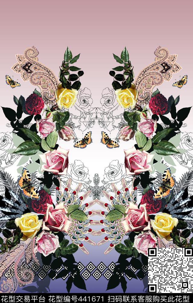 对称佩斯利扇子扇子油画玫瑰花卉对称欧式宫廷风-红数码印花华亿平台下载（图片编号: 441671） - 瓦栏（Walan）