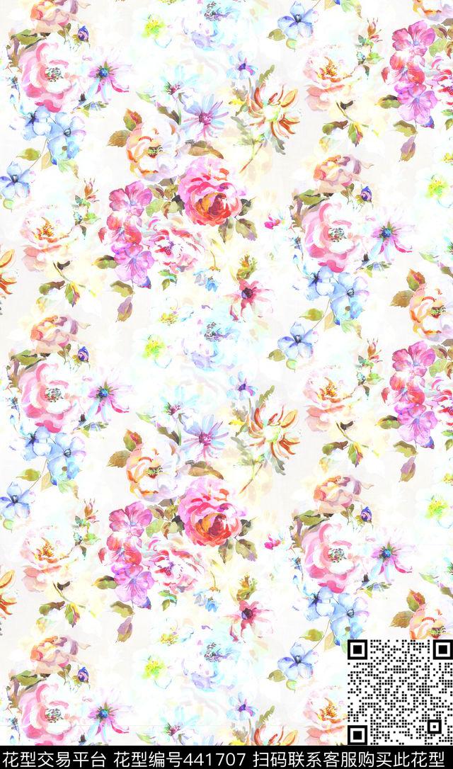 花卉清新优雅手绘水彩清新花卉数码印花华亿平台下载（图片编号: 441707） - 瓦栏（Walan）