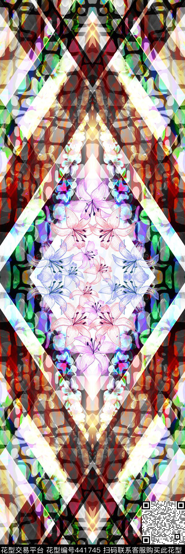 定位花卉几何线条数码印花华亿平台下载（图片编号: 441745） - 瓦栏（Walan）
