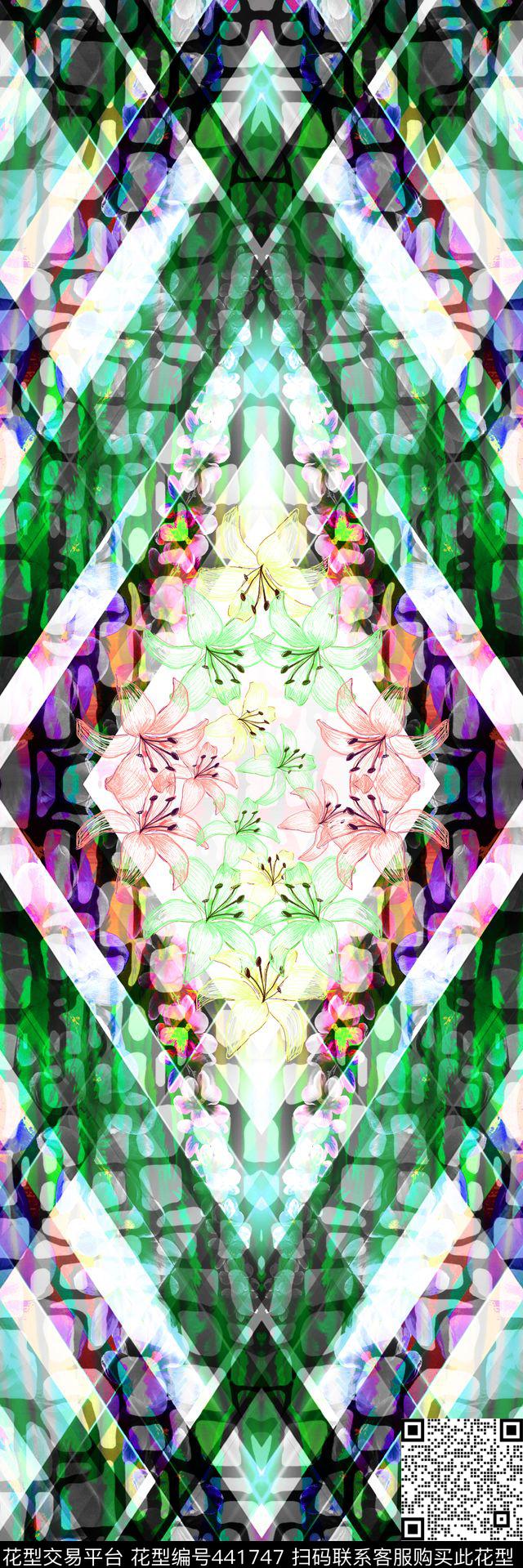 定位几何线条花卉数码印花华亿平台下载（图片编号: 441747） - 瓦栏（Walan）