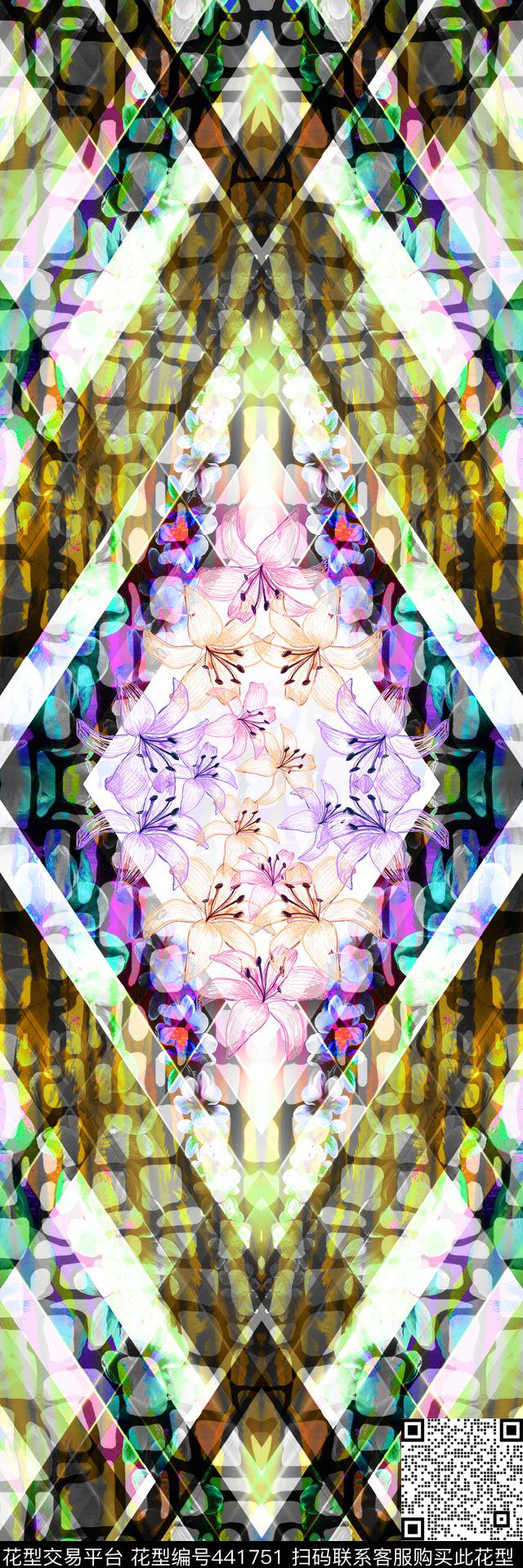 定位几何线条花卉数码印花华亿平台下载（图片编号: 441751） - 瓦栏（Walan）