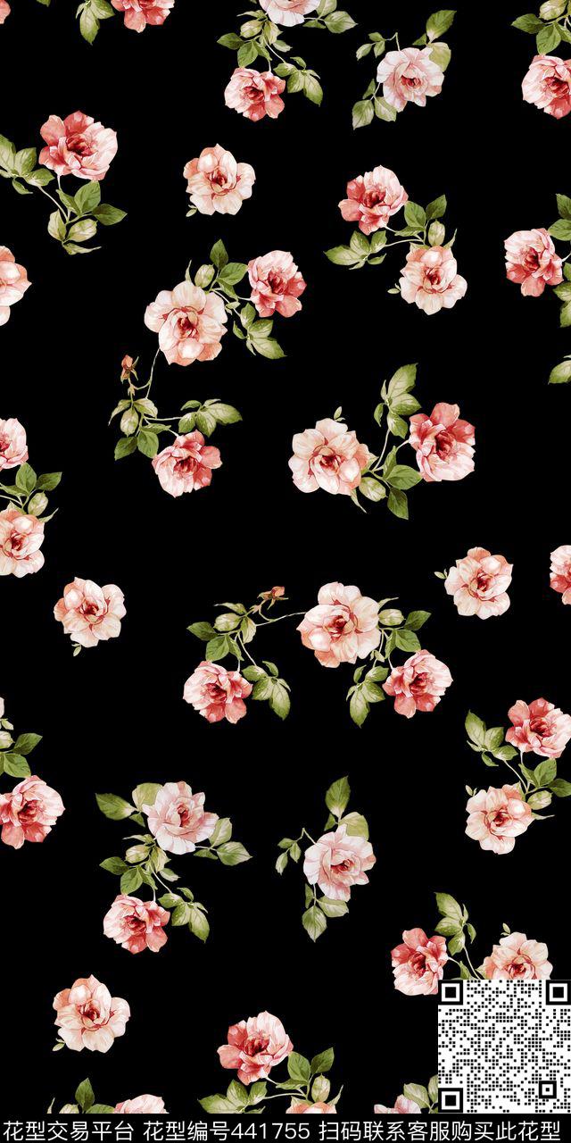 大牌清爽小碎花时尚黑底数码印花华亿平台下载（图片编号: 441755） - 瓦栏（Walan）