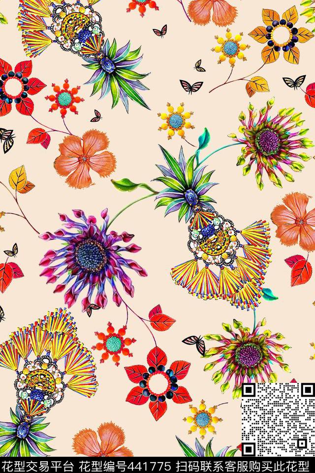 花卉羽舞蝶数码印花华亿平台下载（图片编号: 441775） - 瓦栏（Walan）