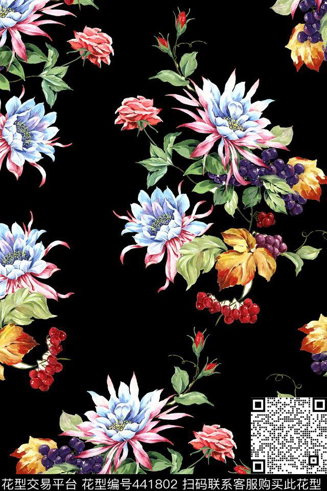 水彩花卉黑底数码印花华亿平台下载（图片编号: 441802） - 瓦栏（Walan）