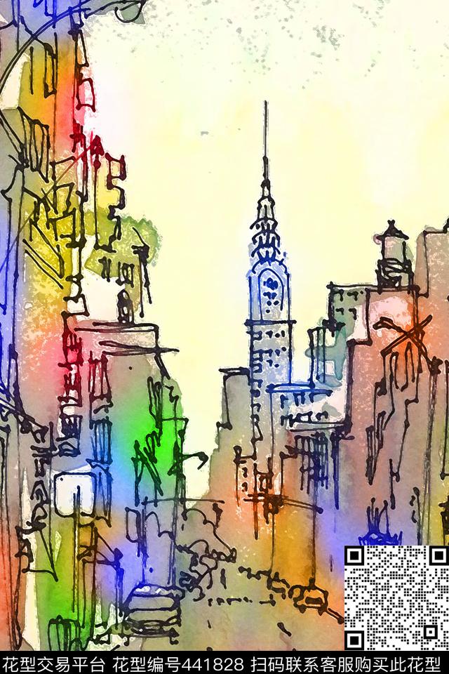 水彩建筑休闲抽象数码印花华亿平台下载（图片编号: 441828） - 瓦栏（Walan）