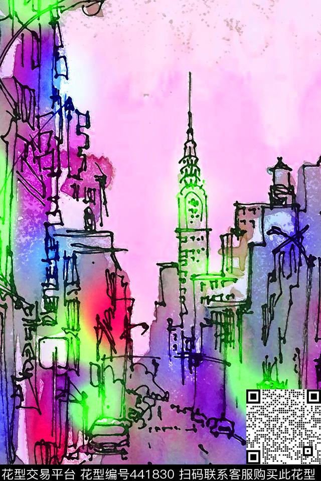 抽象水彩建筑休闲传统印花华亿平台下载（图片编号: 441830） - 瓦栏（Walan）