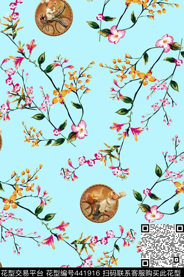 树枝小花复古元素休闲女装数码印花华亿平台下载（图片编号: 441916） - 瓦栏（Walan）