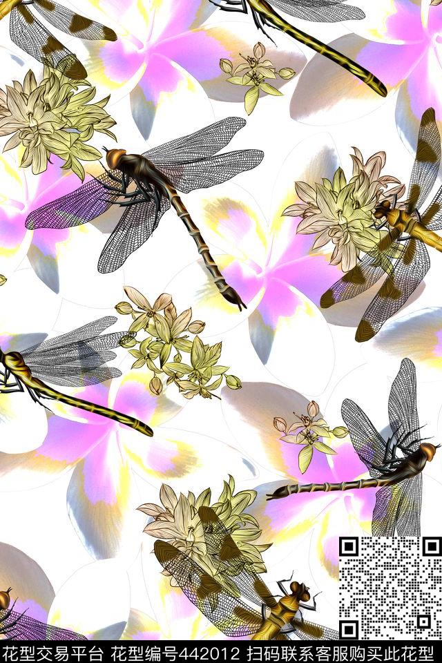 L.D~手绘L.D~花卉蜻蜓数码印花华亿平台下载（图片编号: 442012） - 瓦栏（Walan）