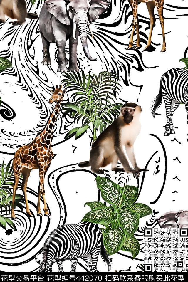 非洲动物休闲植物叶子数码印花华亿平台下载（图片编号: 442070） - 瓦栏（Walan）