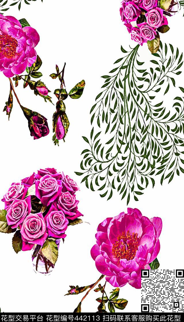 服装玫瑰配色数码印花华亿平台下载（图片编号: 442113） - 瓦栏（Walan）