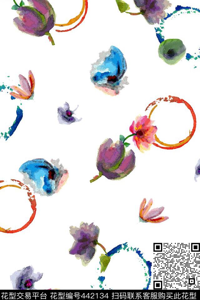 抽象几何花卉水彩风格清新夏装数码印花华亿平台下载（图片编号: 442134） - 瓦栏（Walan）