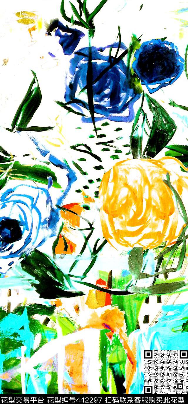 手绘定位花卉数码印花华亿平台下载（图片编号: 442297） - 瓦栏（Walan）