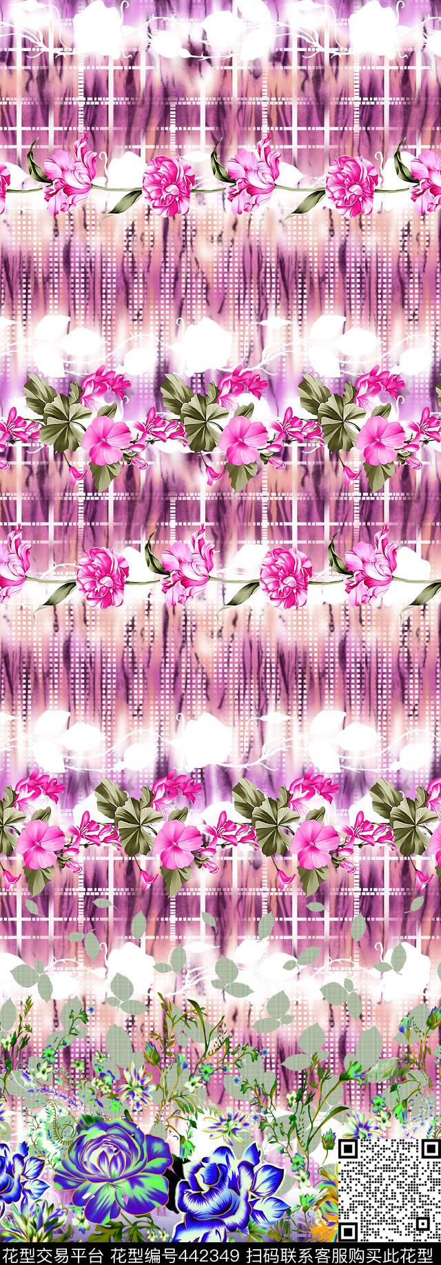 抽象格子花卉数码印花华亿平台下载（图片编号: 442349） - 瓦栏（Walan）