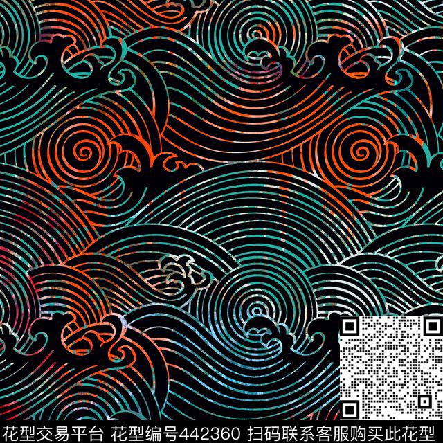 复古水纹海浪数码印花华亿平台下载（图片编号: 442360） - 瓦栏（Walan）