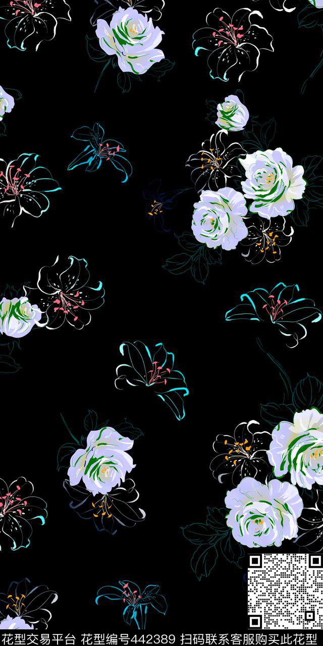 时尚简易矢量简笔过度花卉清醒矢量淡雅玫瑰点缀数码印花华亿平台下载（图片编号: 442389） - 瓦栏（Walan）