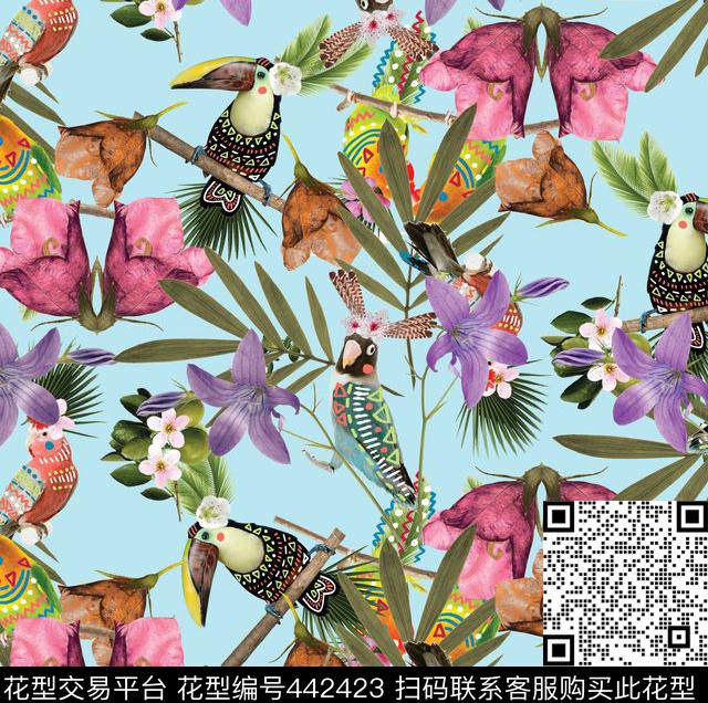 花卉流行时尚手绘数码印花华亿平台下载（图片编号: 442423） - 瓦栏（Walan）