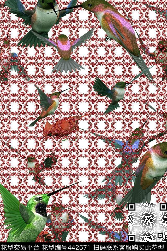 宝石花纹鸟数码印花华亿平台下载（图片编号: 442571） - 瓦栏（Walan）