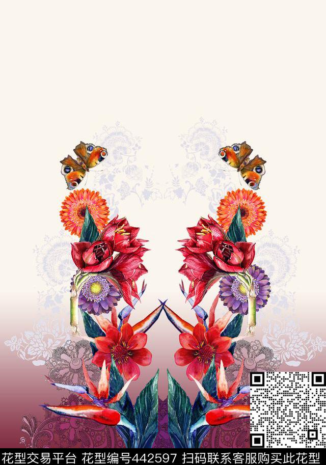 对称蝴蝶蕾丝数码印花华亿平台下载（图片编号: 442597） - 瓦栏（Walan）