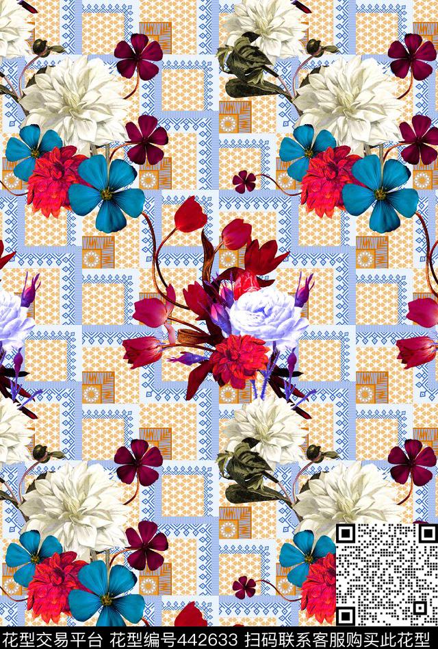 欧式民族复古线描花复古花欧式纹样欧式墙纸叠加几何名族数码印花华亿平台下载（图片编号: 442633） - 瓦栏（Walan）