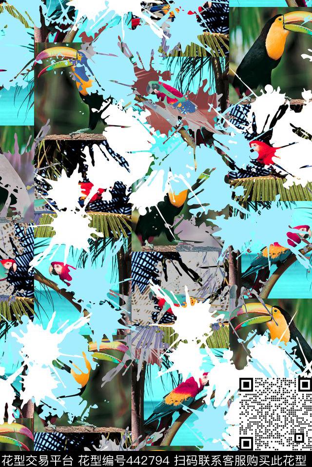 喷溅热带拼接组合热带鸟类、热带叶子、喷溅艺术拼接组合数码印花华亿平台下载（图片编号: 442794） - 瓦栏（Walan）